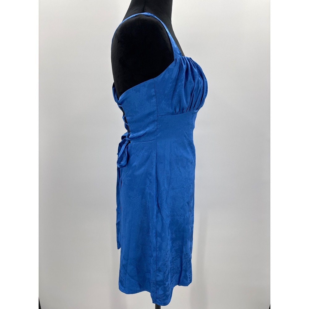 Lulus Exquisite Outlook Royal Blue Floral Jacquard Satin Lace Up Mini Dress S - Picture 6 of 12